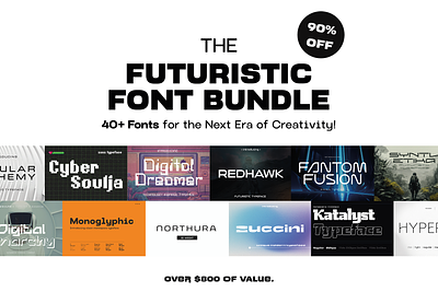 The Futuristic Font Bundle (40+ Fonts!) ai blade runner branding film font futuristic graphic design headline internet logo movie robot technology title typeface ui