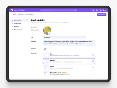 Settings. Basic details avatar basic details default view feed form gantt group group settings icon kanban product design settings ui