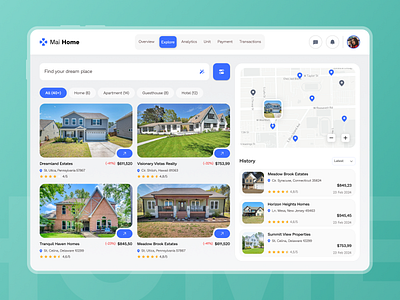 Mai Home- Dashboard Real Estate card clean dashboard dashboard real estate design explore home home maps property real estate ui uiux ux