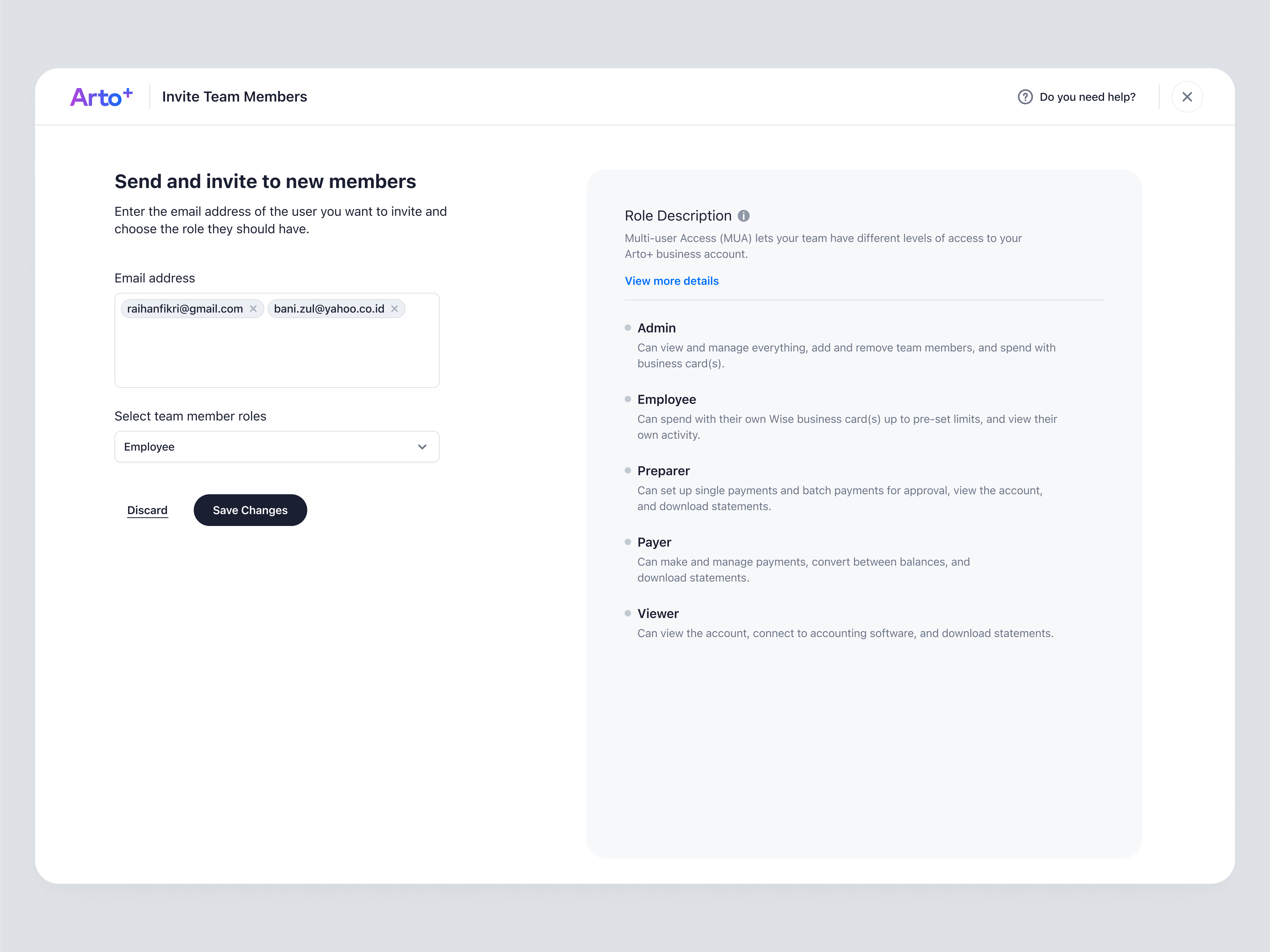 Arto Plus - Invite Team Members app business invite team management member payment product design role saas saas design ui ux web design