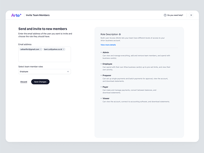 Arto Plus - Invite Team Members app business invite team management member payment product design role saas saas design ui ux web design
