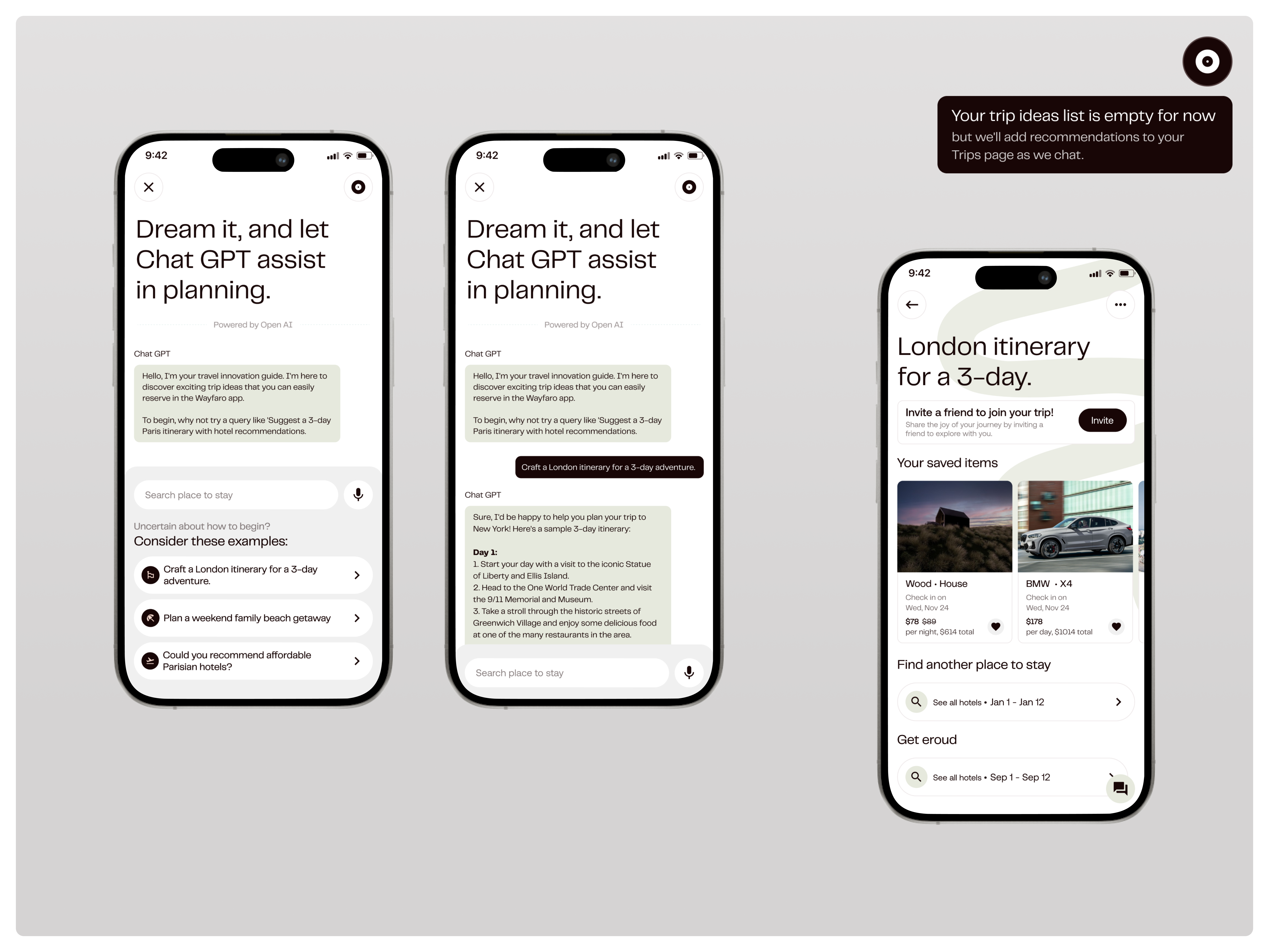 Wayfaro - Trip planner & travel deals ai assistant app banner branding chat create trip flight gpt graphic design logo planer tourism trip planer ui ux