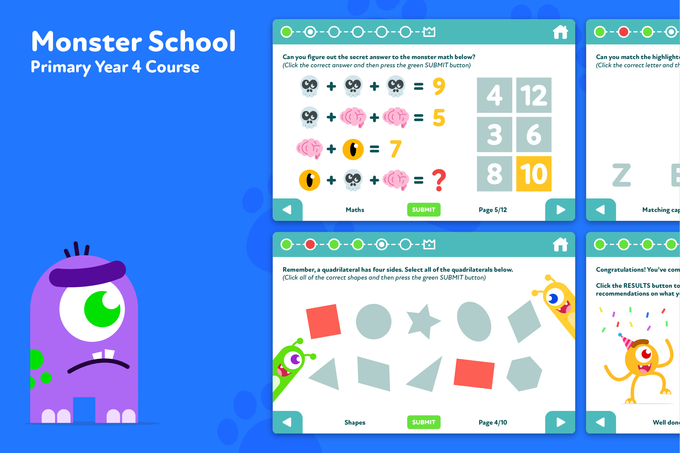 Children's monster themed e-learning character childrens course cute design digital e learning education illustration kids lit learning monster ui