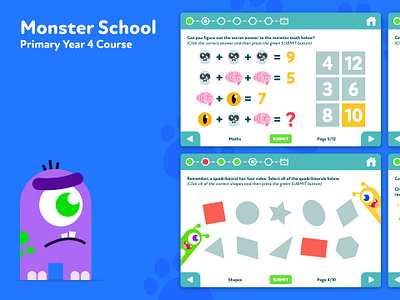 Children's monster themed e-learning character childrens course cute design digital e learning education illustration kids lit learning monster ui