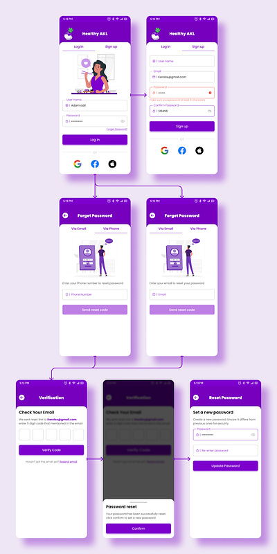 Log-in, Sign-up & Password reset day 1 design figma illustration log in mobile app password reset purple sign up ui vector