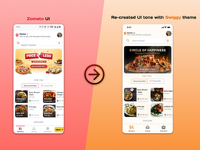 Zomato UI retouched with Swiggy's colors. bootcamp branding design thinking designs dribble trending figma graphic design illustrations photoshop swiggy thumbnail ui ui design uiux user experience user interface ux ux design uxui zomato