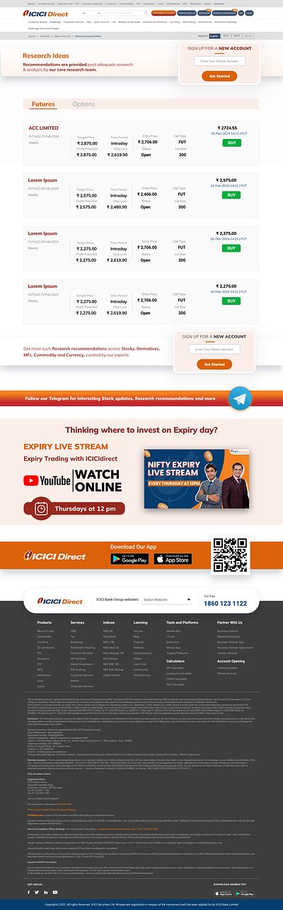 ICICI Direct Research recommendations landing page sketch ui design uxui design website page