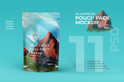 Aluminum Coffee Pouch Package Mockup aluminium glossy aluminum bag branding coffee design environment foil food illustration pack packaging paper plastic
