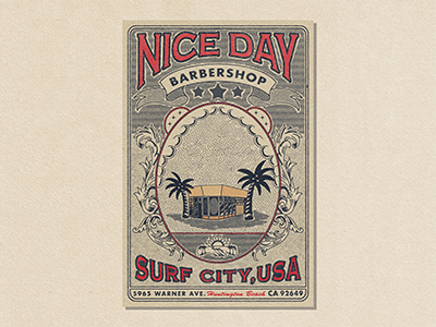 Nice Day Barbershop - Poster barbershop brand design branding design distressed graphic design illustration logo mid century poster poster design print retro typography vintage