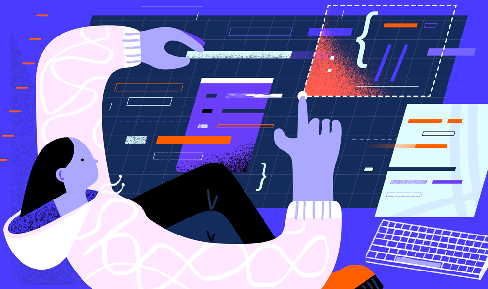 Backend Developers Are Designers Too app branding code data design flat human figure icon illustration people tech texture ui vector web website woman