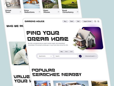 Diamond House - Real Estate Website agency ai imagery bento grids branding dark mode graphic design housing listing massive typography parallax scrolling real estate ui design uiux website