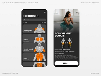 Human Anatomy Design System - Fitness App app biology body bones education exercise figma free healthcare illustration lifting mobile application muscles product design resource skeleton ui ux wellness workout