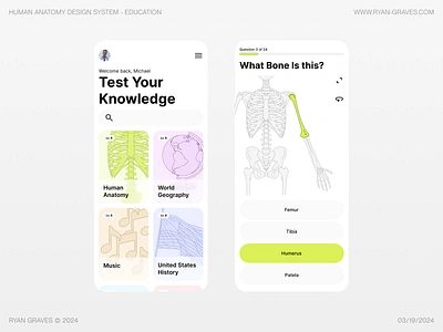 Human Anatomy Design System - Education anatomy application biology body bones design design system education figma free illustration mobile product design quiz resource skeleton test trivia ui ux