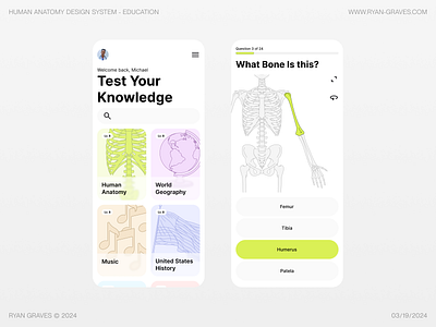 Human Anatomy Design System - Education anatomy application biology body bones design design system education figma free illustration mobile product design quiz resource skeleton test trivia ui ux