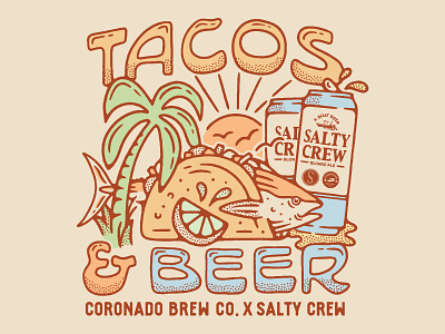 Tacos & Beer T-Shirt Design beer fish fish tacos fishing food illustration limes palm tree summer sun taco design taco illustration tacos