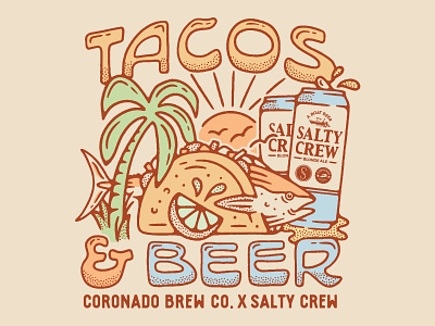 Tacos & Beer T-Shirt Design beer fish fish tacos fishing food illustration limes palm tree summer sun taco design taco illustration tacos