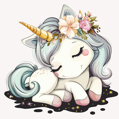Sleeping Unicorn With Gold Corn And Flowers - Midjourney AI ai aiart aiart work bulk t shirt design custom shirt design custom t shirt design flower flowers graphic design horn horns illustration merch design midjouney typography t shirt design unicorn vector vectorart vectorillustration vectors