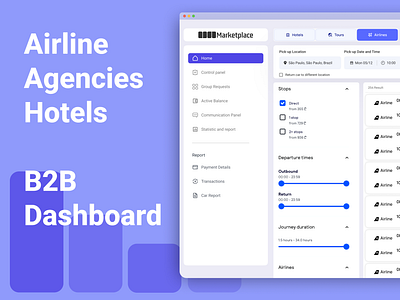 B2B martketplace agency airline b2b control dashboard desing filter hotel panel search tour uiux ux violet web