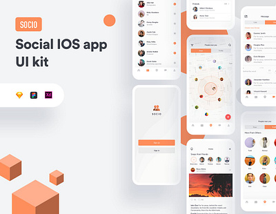 Socio social IOS app ui kit app design clean minimal connecting people dating finding friends find friends ios android mobile social messaging socio social ios app ui kit trendy modern ux ui