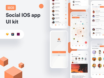 Socio social IOS app ui kit app design clean minimal connecting people dating finding friends find friends ios android mobile social messaging socio social ios app ui kit trendy modern ux ui