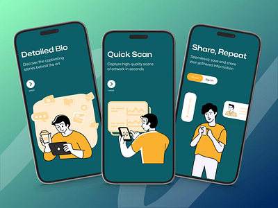 Artist Bio App - Onboarding Screens animation artist artist bio artwork bio design illustration lime onboarding scan three ui ui design ux ux design yellow