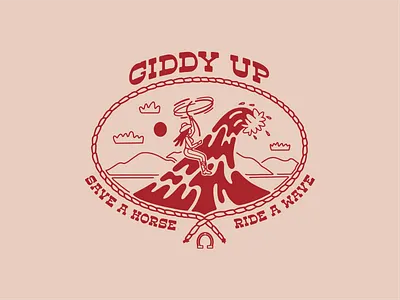 Giddy Up Cowgirl Wave Merch Logo branding cowgirl girl horseshoe illustration logo mountains rope sun surf wave western