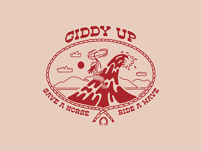 Giddy Up Cowgirl Wave Merch Logo branding cowgirl girl horseshoe illustration logo mountains rope sun surf wave western