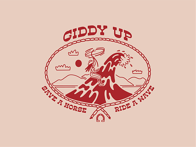 Giddy Up Cowgirl Wave Merch Logo branding cowgirl girl horseshoe illustration logo mountains rope sun surf wave western