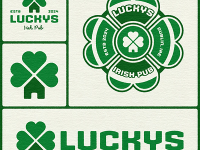 Luckys Irish Pub Visual Identity art badge brand brandidentity branding design fourleafclover graphic design green illustation logo pub ui vector