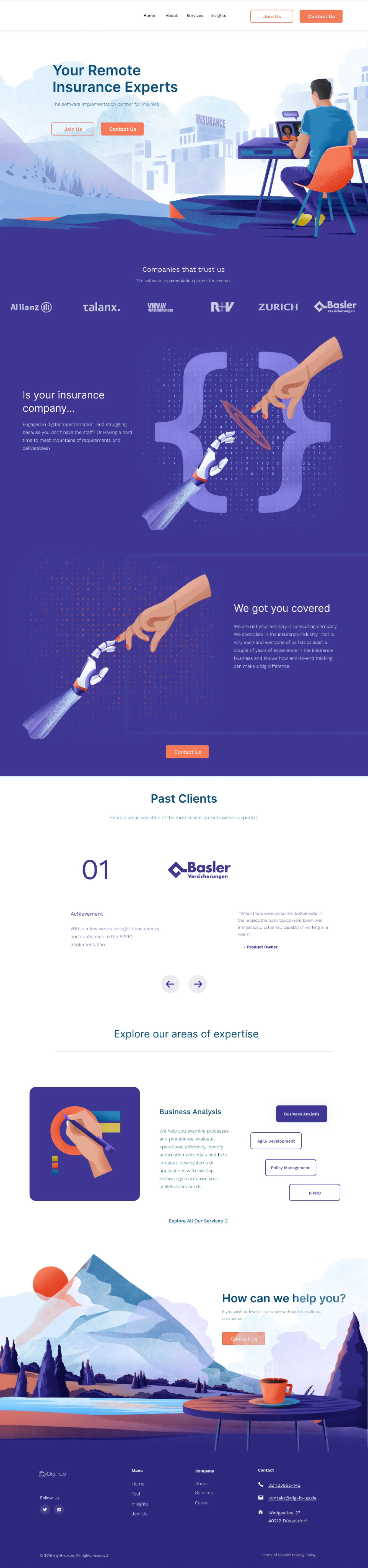 DigITup Case Study about us blue contact page copywriting creative direction development footer germany illustration insurance orange startup tech web design webflow yellow