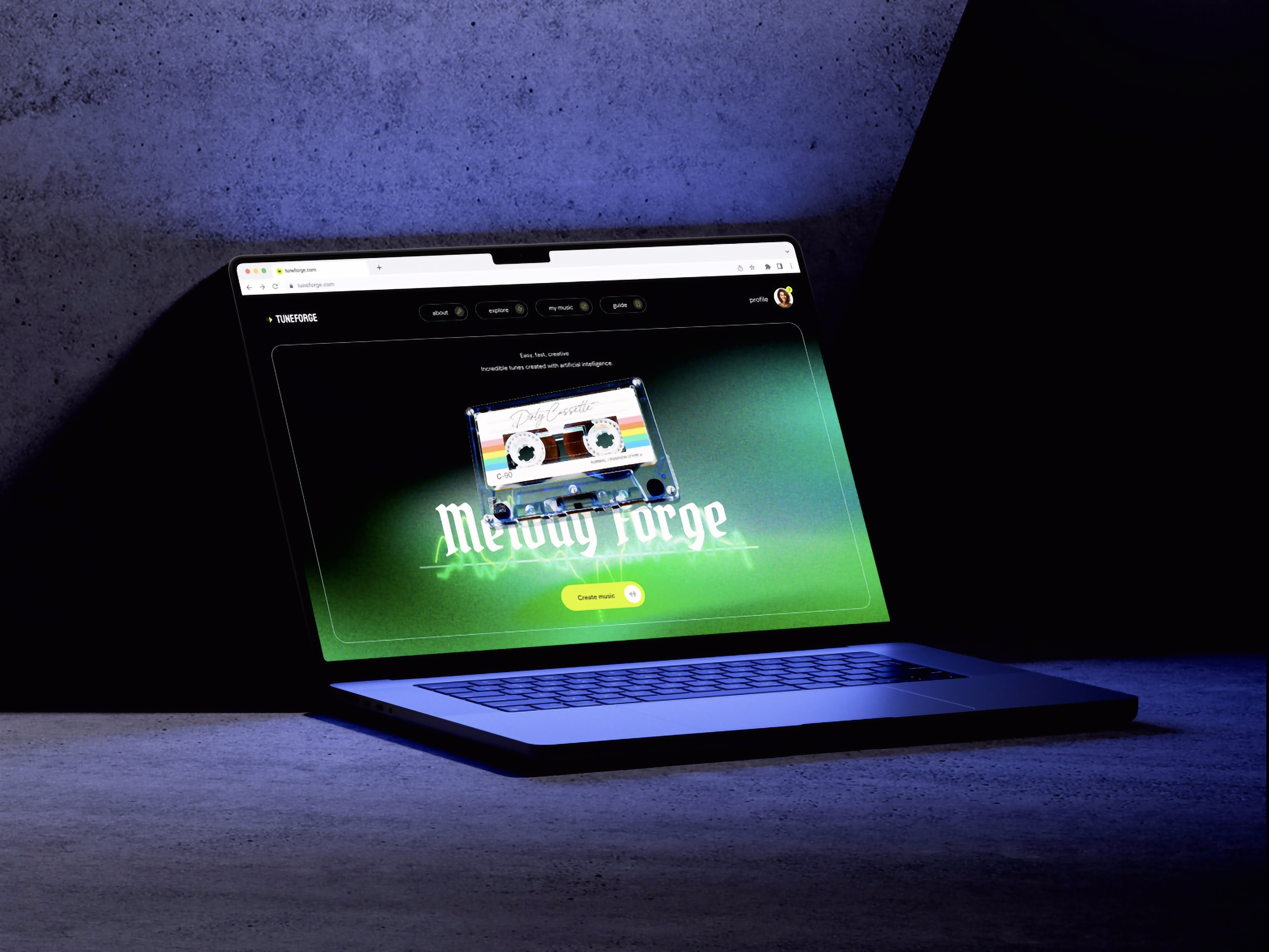 AI music creation website — «TuneForge» 3d ai animation audio graphic design intelligence landing landing page mockup motion motion graphics music site sound typography ui ux web web design website