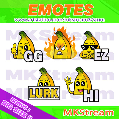 Twitch emotes cute banana lurk, hi, gg, ez & rage pack animated emotes anime banana banana emotes cute design emote emotes ez fruit gg hi illustration logo lurk pisang rage sub badge twitch emotes