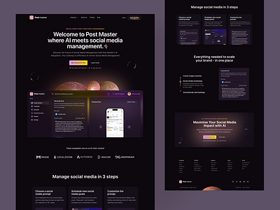 AI Powered Social Platform Manager Website ai artificial intelligence creative design dark ui landing page langing page ui ofspace platform professional ui social media ui website