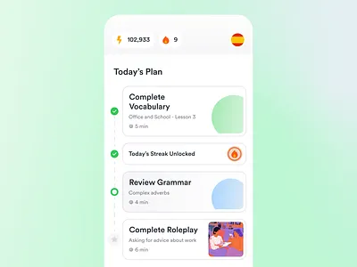 today's plan app ui ai app app design cards completed design gradient icons language learning list plan points screen streak stroke to do today ui xp