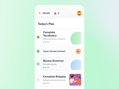 today's plan app ui ai app app design cards completed design gradient icons language learning list plan points screen streak stroke to do today ui xp