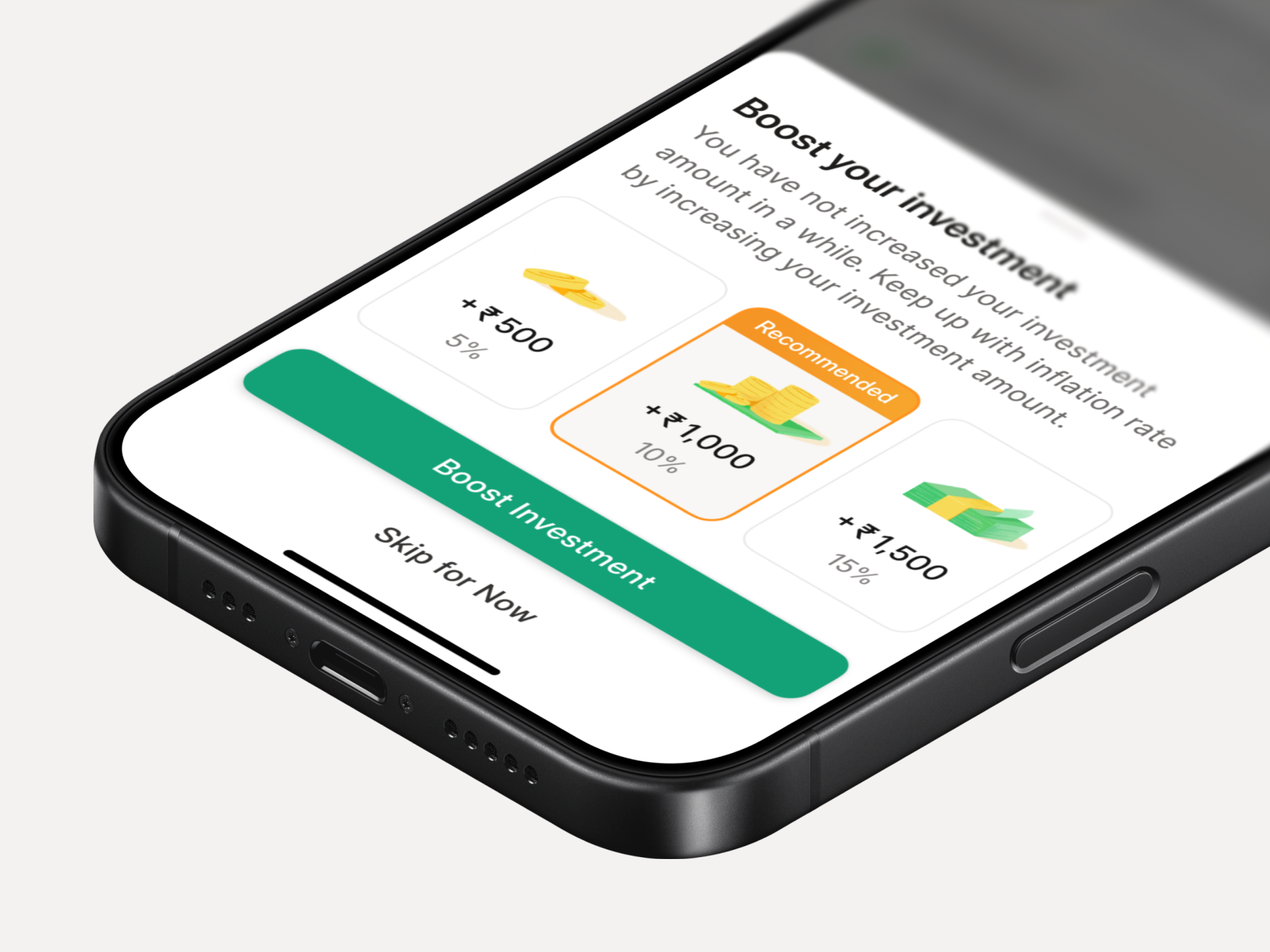 Boost Investment Nudge boost bottomsheet calm cards friendly illustration invest investment investment app light mode sip tip tiping