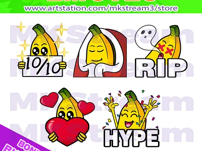 Twitch emotes cute banana hype, love, rip, comfy & perfect pack animated emotes anime banana banana emotes comfy cute design emote emotes fruit hype illustration logo love perfect pisang rip sub badge twitch emotes