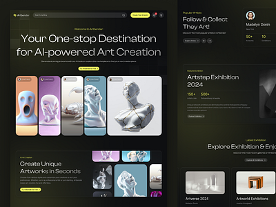 Artbender - Art Gallery Website 3d ai ai creation art art gallery artificial intelligence artists artworks blur effect darkmode dashboard exhibition gradient landing pages minimalist prompt spatial design uiuxdesign webiste website marketplace