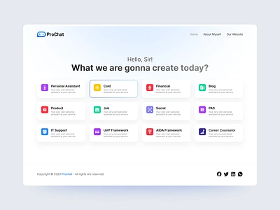 ProChat - Personal AI Assistant Website assistant app clean ui dashboard dashboard design design homepage linkedin prochat dashboard product startup top shot trending design twitter ui ui design virtual assistant web web responsive