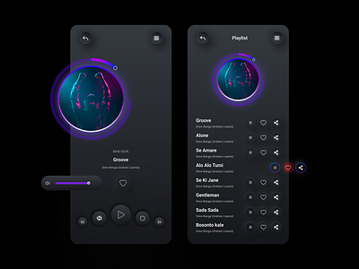 Dark Neumorphism Music Player App UI Design 3d app branding dark dark neumorphism design figma glassmorphism graphic design hero illustration mobile mobile screen music music player music player app neumorphism new ui unique