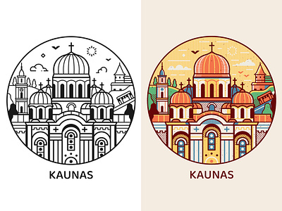 Travel Kaunas Icon badge emblem flat design icon illustration kaunas landmarks line art lithuania print tourist travel