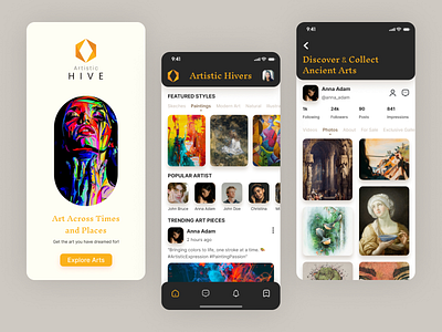 Artistic Hive: Art Gallery mobile app art community explore feed gallery mobile app design navigation painting popular skills ui uiux
