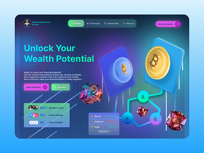 Wealth Mastermind Society - A Crypto Community Project 3d agency bitcoin block blockchain branding colorful community crypto crypto community digital marketing ethereum graphic design hero section landing page ui web design