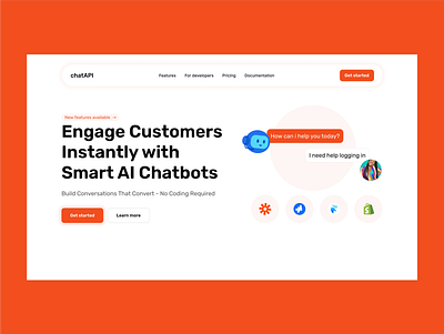 Nocode AI Chatbot app ai api chatbot design integrations landing page minimal nocode orange ui ui design web app web design webdesign