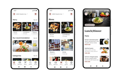 Lorenco's app- home screen, menu and category page