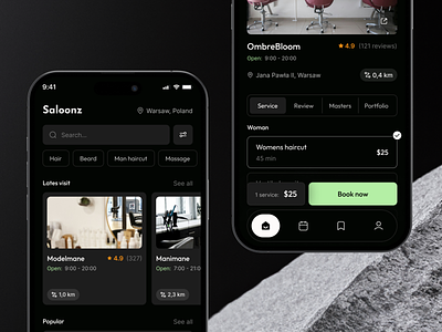 Saloonz - Mobile App for Booking a Hairstylist app barber beauty booking booking app clean dark design figma hair haircut minimal mobile mobile app ui uiux ux