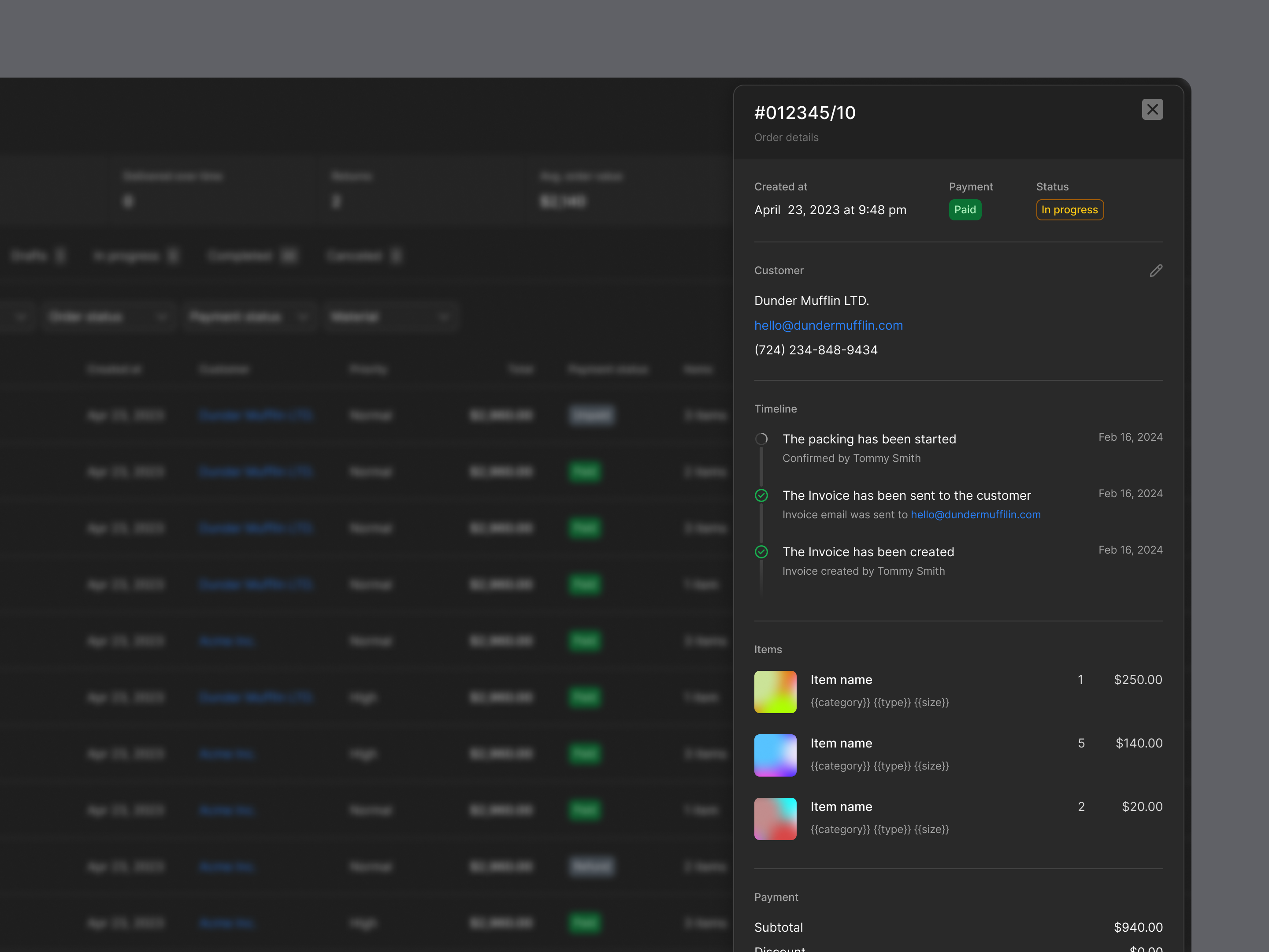 Example of Order quick preview