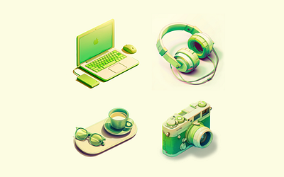 Every day at work, laptop, camera, headphones and coffee 3d 3d icon camera devices digital devices headphones icon laptop