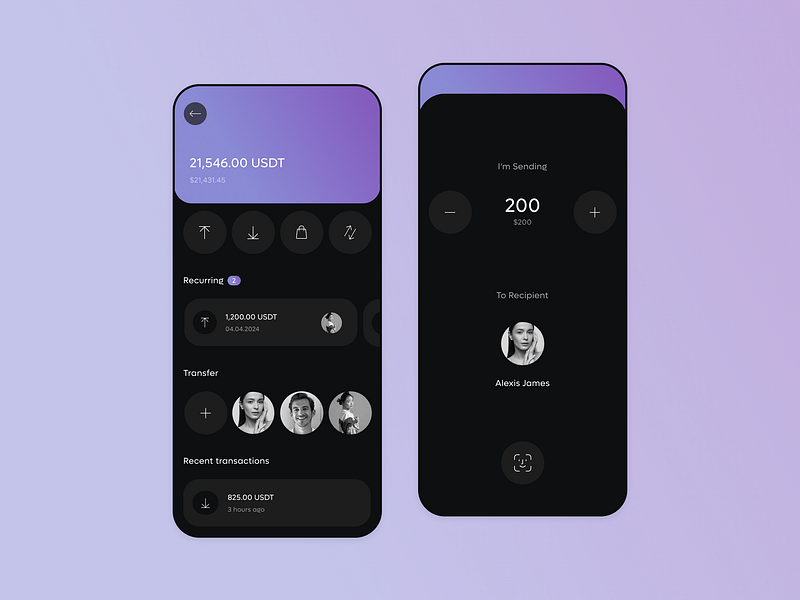 Crypto Mobile App app application clean crypto dark theme design finance fintech interface minimal mobile mobile app purple ui uiux ux