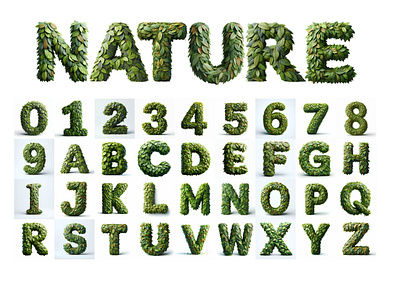 Font Design, Alphabet And Numbers made out of Leaves. alphabet alphabet design floral font deisgn frame grass green isolated leaves leaves font letter nature number deisgn png quality text textstyle tree typography white background